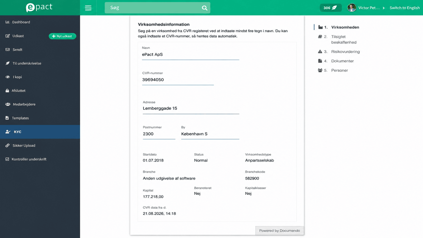 Virksomhedsoplysninger hentet via CVR i ePact KYC