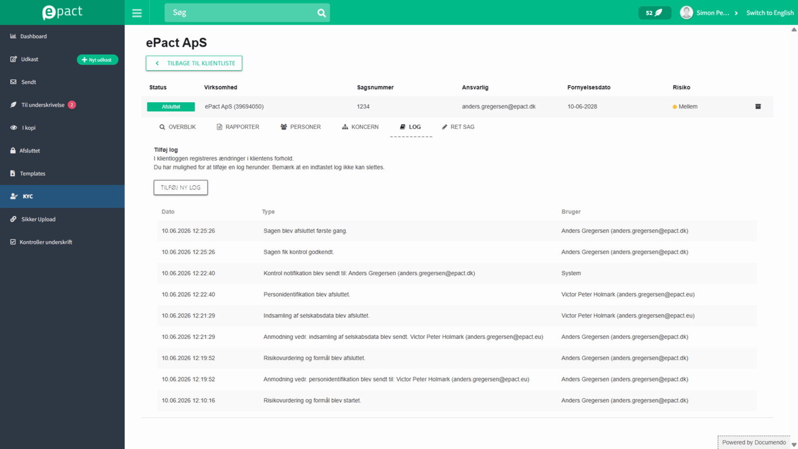 Dokumenteret sagslog med aktiviteter i ePact KYC